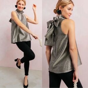 Pomander Place Tuckernuck Metallic Mason Blouse Sleeveless XS Back Tie Bow